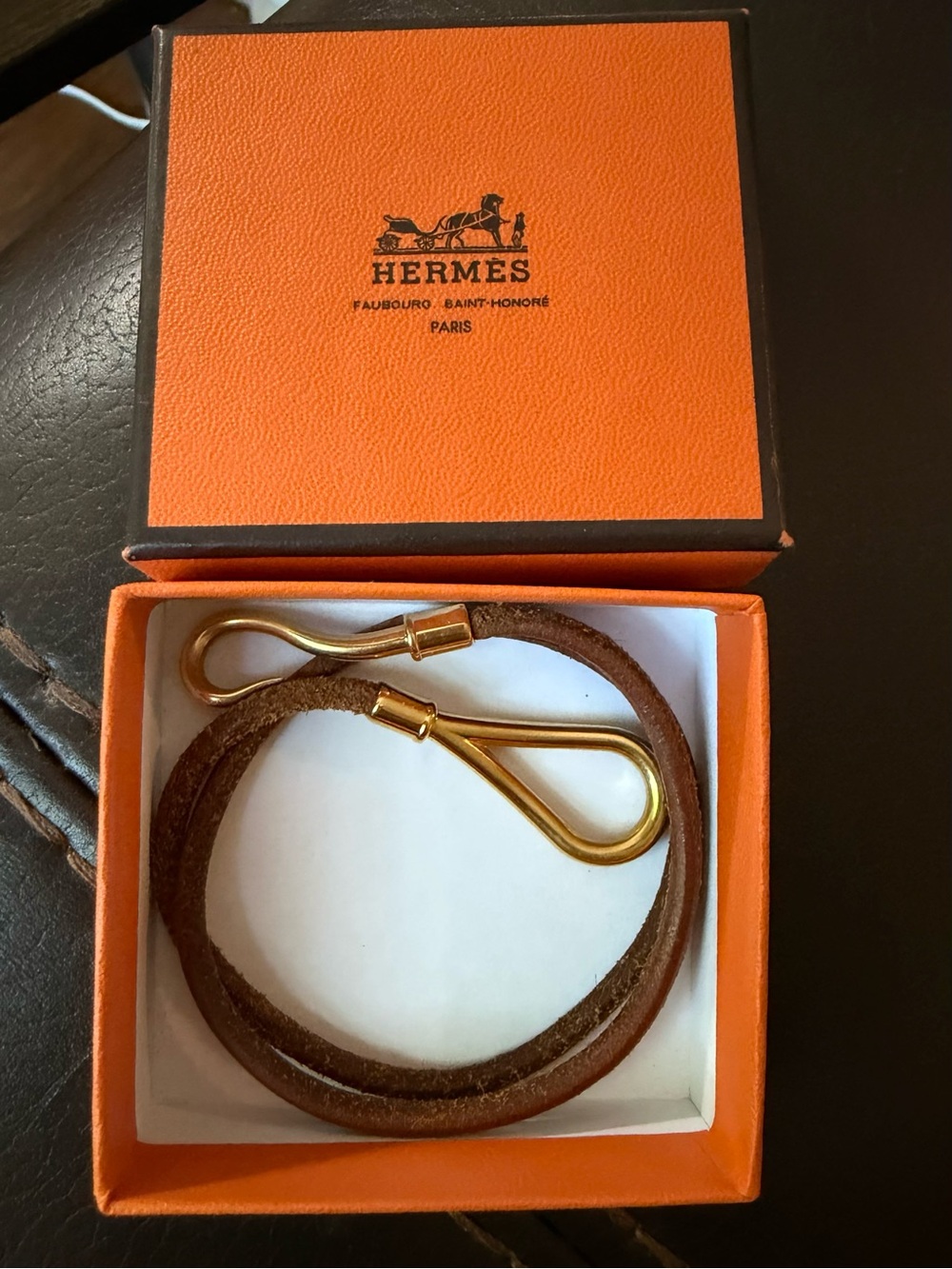 Brown Leather and Gold-Tone Hook Bracelet
